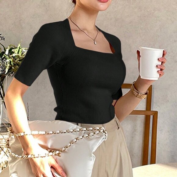 Black Casual Women's Fitted Transformable Square Neck Knit Top - Picture 3 of 5